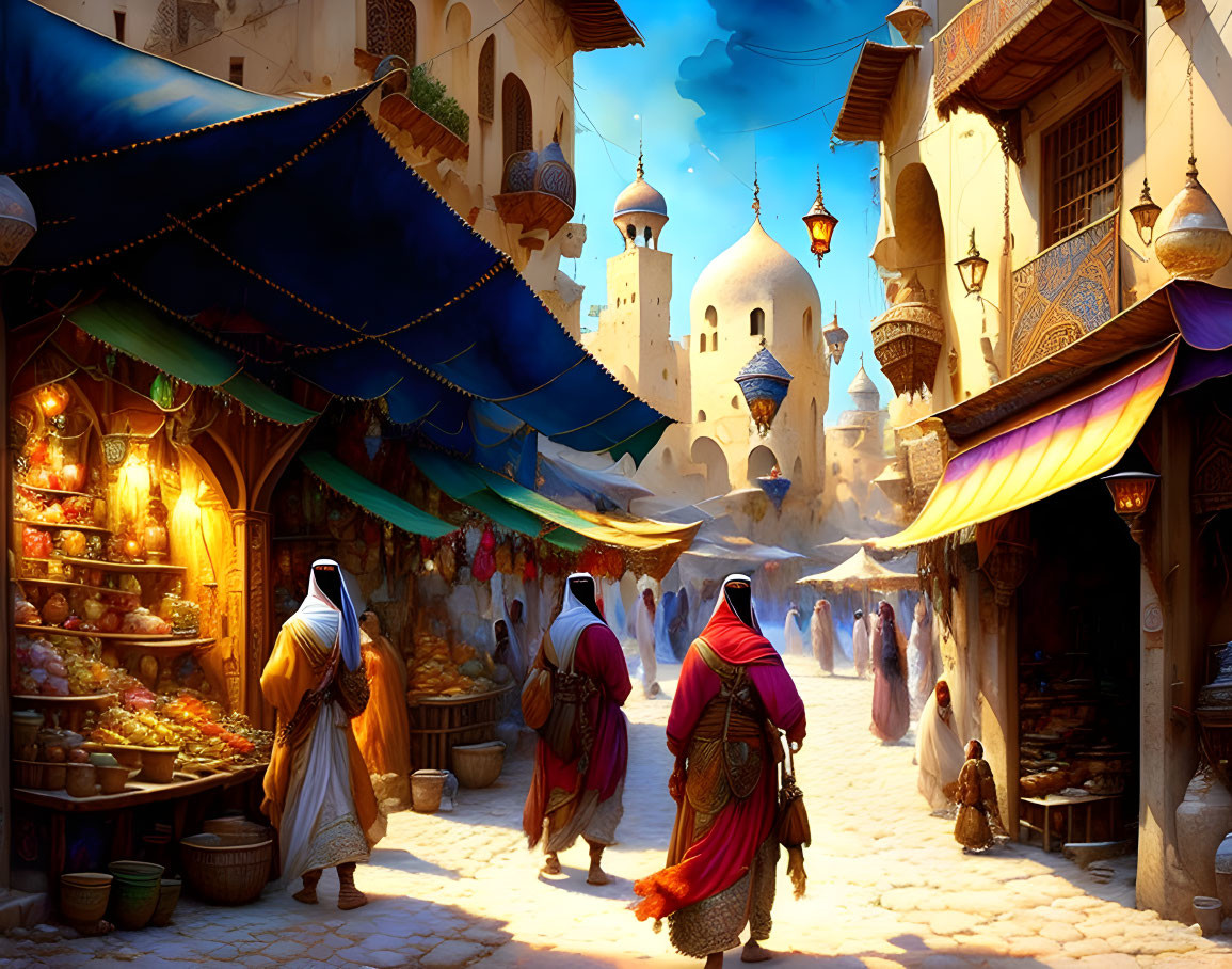 Colorful Arabian town market with traditional clothing, fruit stalls, and domed architecture