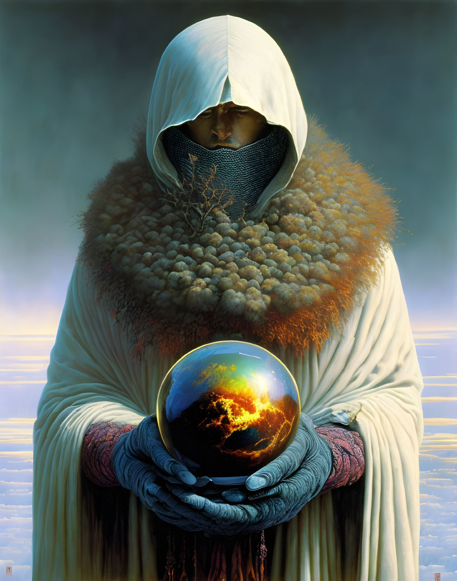 Robed Figure Holding Globe with Fiery Cataclysm Vision