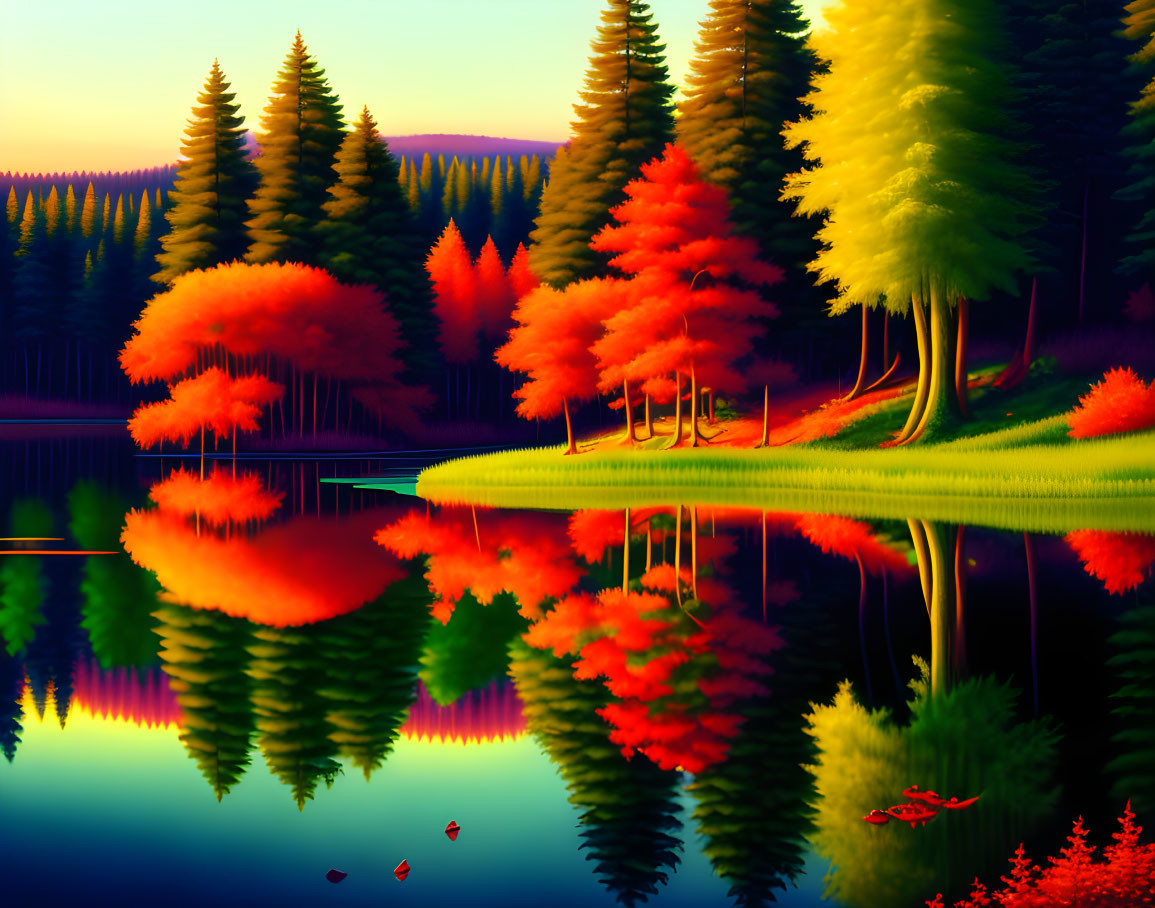 Autumnal forest reflecting in serene lake at sunset