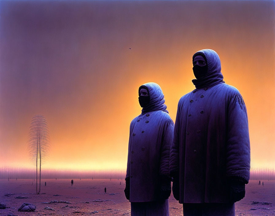 Two hooded figures under orange sky with surreal tree-like structure