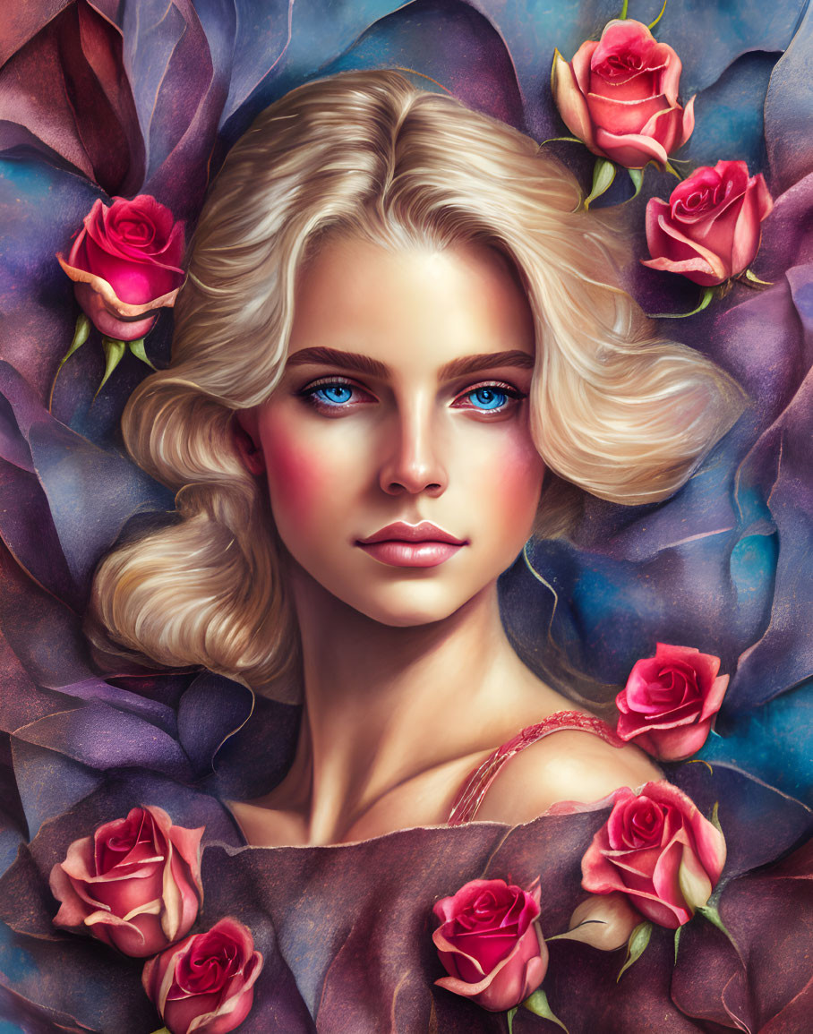 Blonde Woman with Blue Eyes Surrounded by Roses on Blue Background