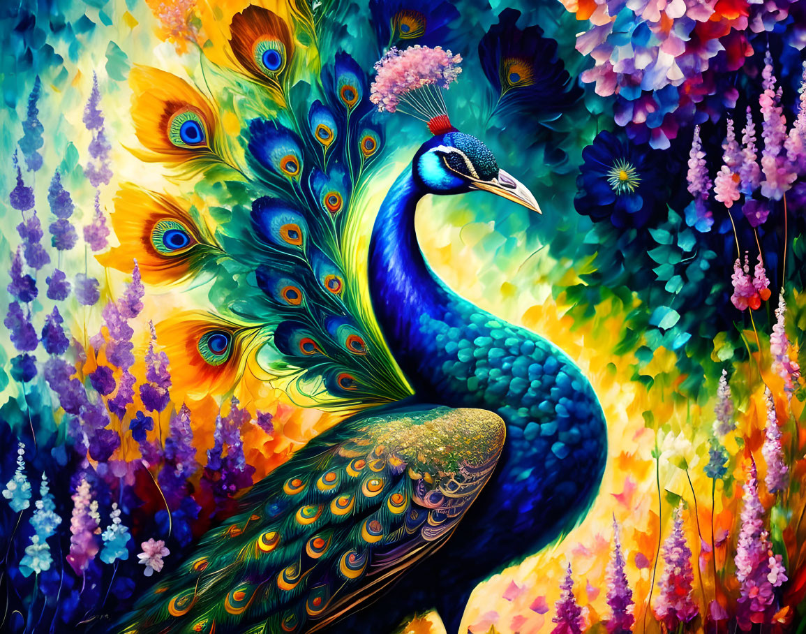 Colorful Peacock Painting with Floral Background in Blues, Greens, and Warm Hues