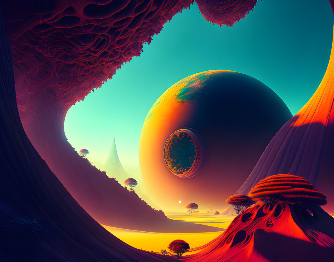 Surreal landscape with organic structures, planet, and futuristic buildings