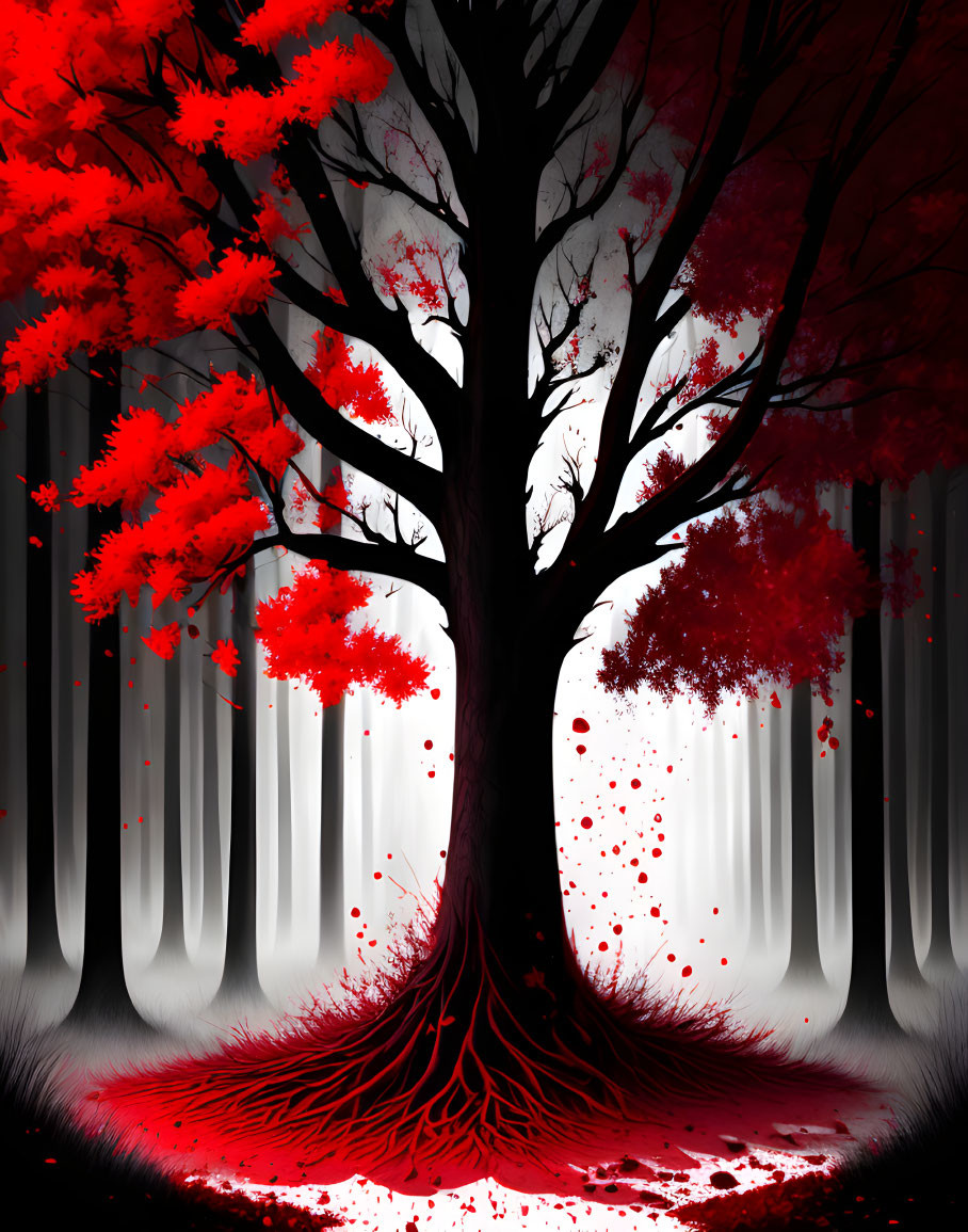 Black tree with bright red leaves in monochromatic forest landscape