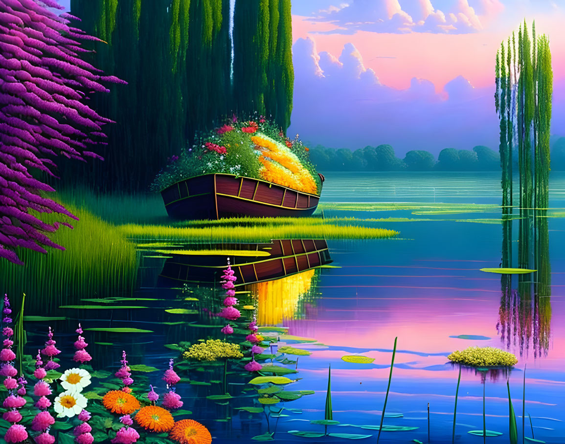 Colorful digital art: Boat, flowers, lake, willows, sunset