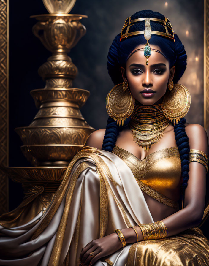 Regal Woman in Ancient Egyptian Attire and Jewelry