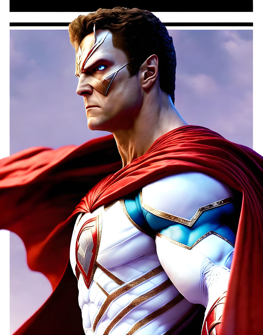 Heroic Figure in Red Cape and Emblematic Suit on Sky Background