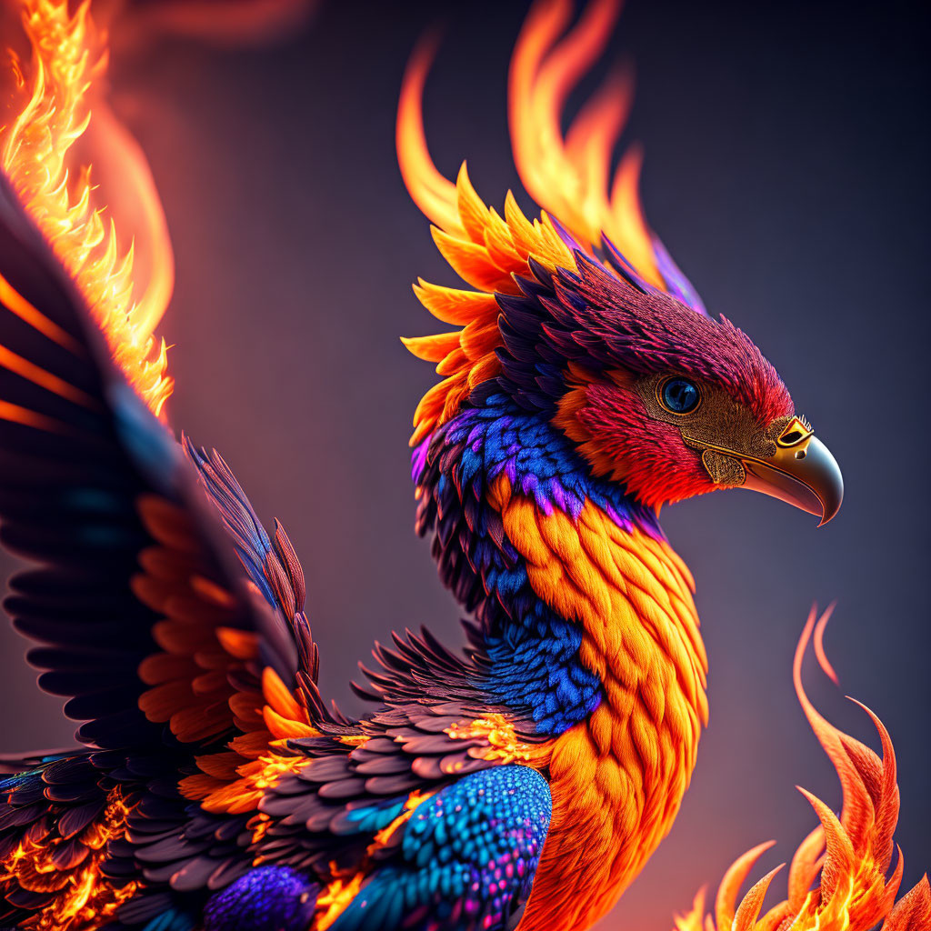 Colorful Mythical Phoenix Artwork with Fiery Plumage and Flames