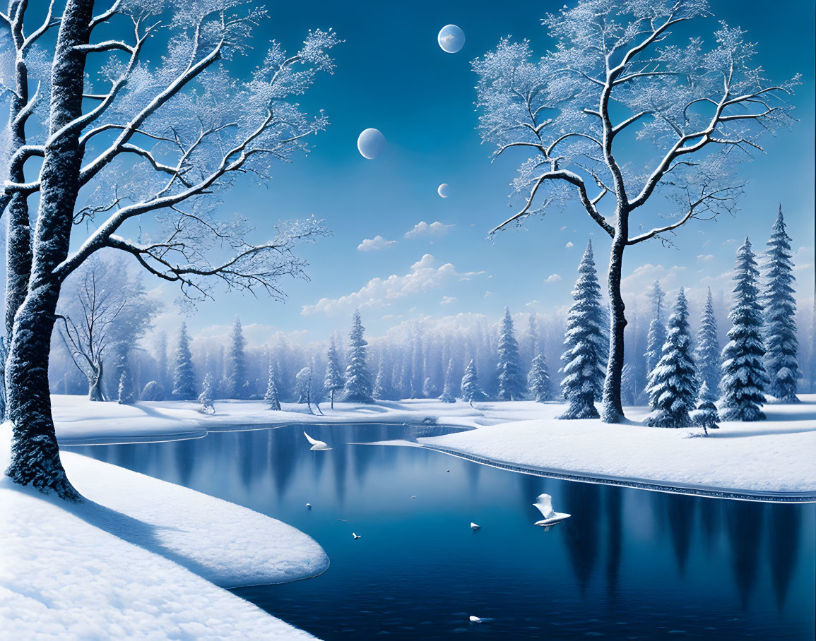 Snow-covered forest and river under multiple moons in serene winter landscape