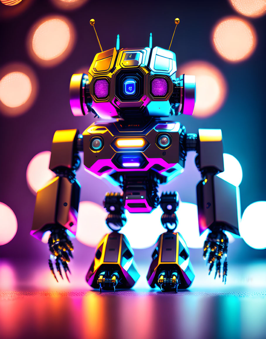 Stylized robot with hexagonal head and violet eyes on bokeh light background