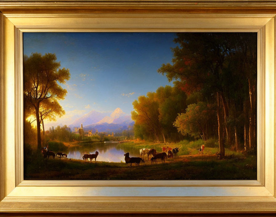 Pastoral landscape painting with cattle, river, people, and mountains under serene sky