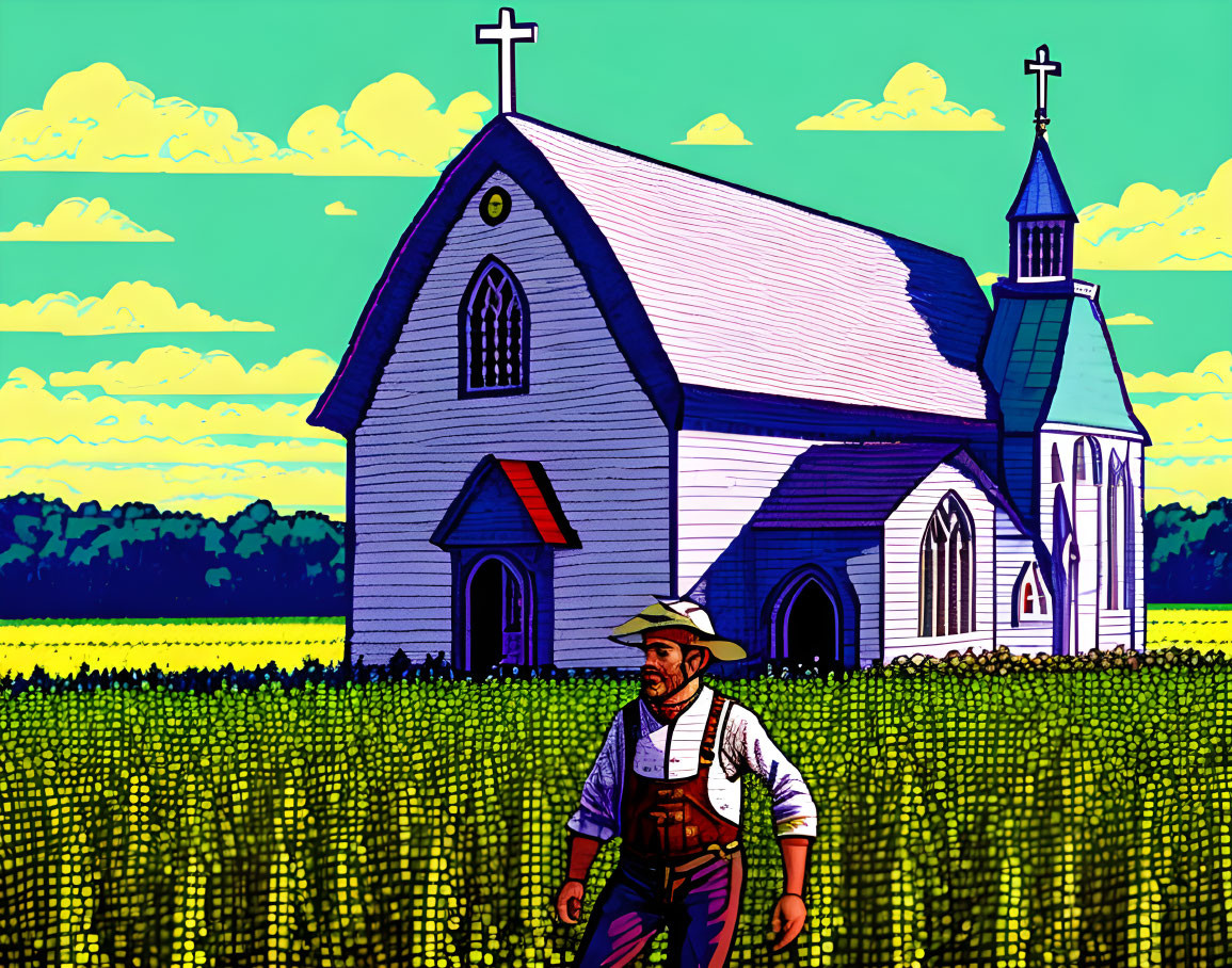 Stylized illustration of farmer in green field with white church under fluffy clouds