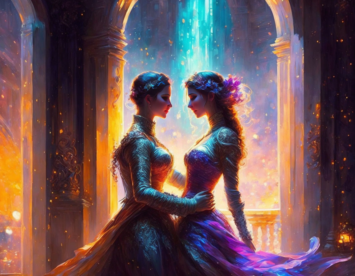 Two women in elegant dresses in glowing, ethereal hall with arches and sparkles