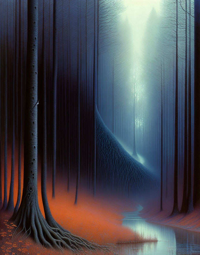 Surreal forest with river, prominent roots, misty blue background, and warm orange forest floor