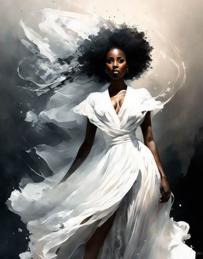 Illustration of Woman in Flowing White Dress and Black Hair on Dark Background