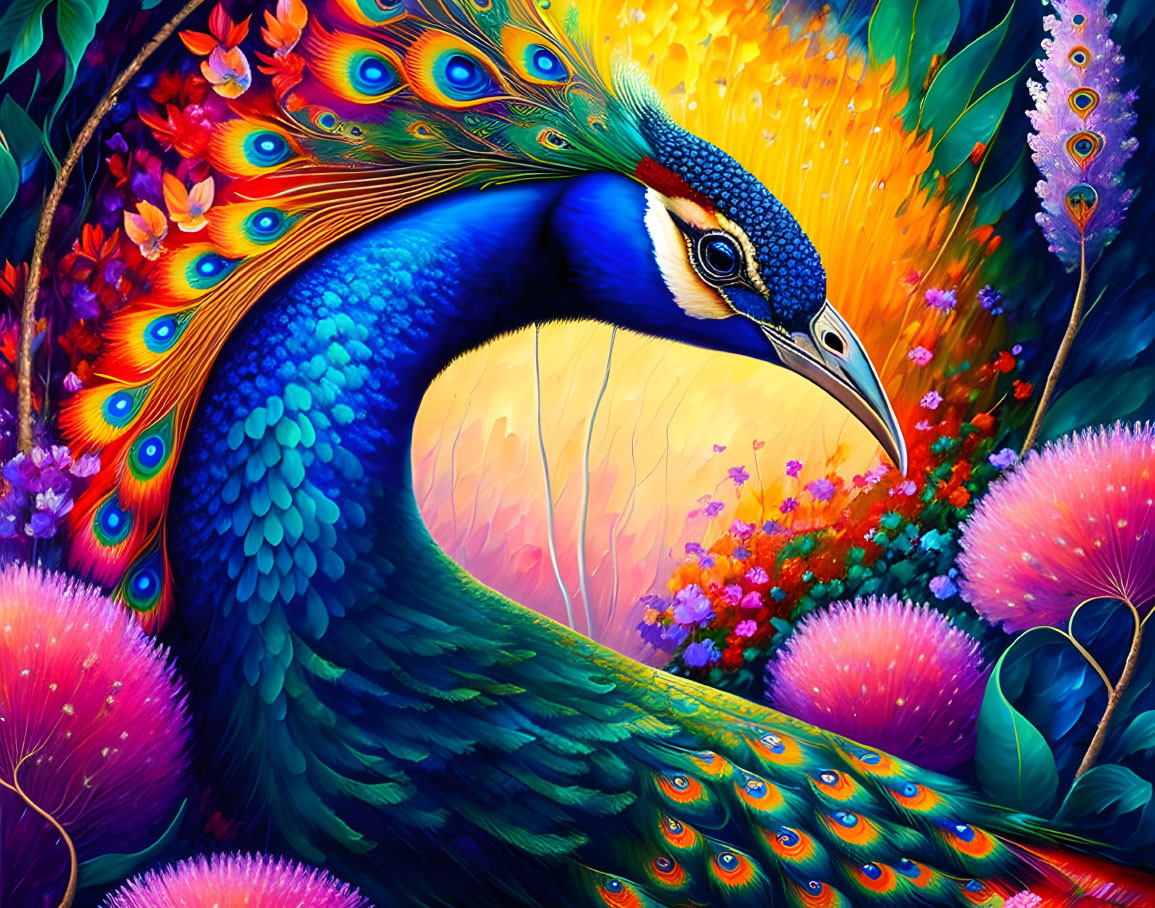 Colorful Peacock Illustration with Floral Background in Rich Hues