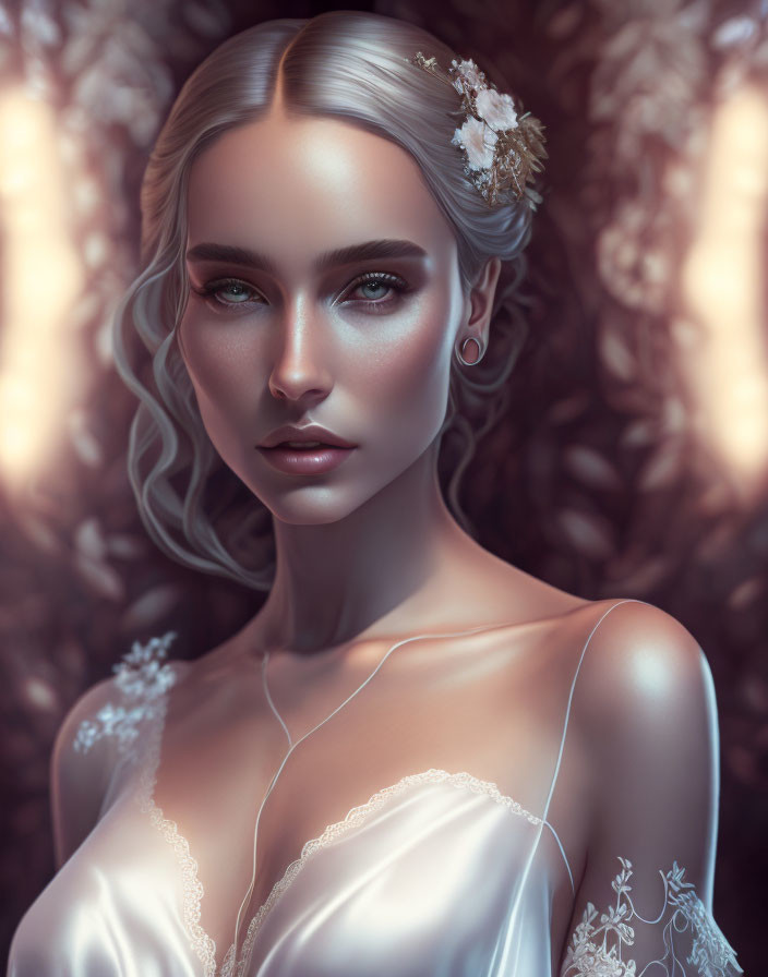 Digital portrait: Woman with pale skin, ice-blue eyes, wavy blonde hair, white flowers,