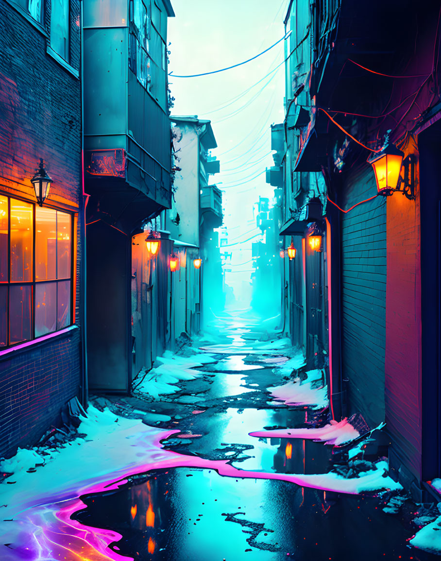 Neon-lit alley with melting snow and hanging lanterns