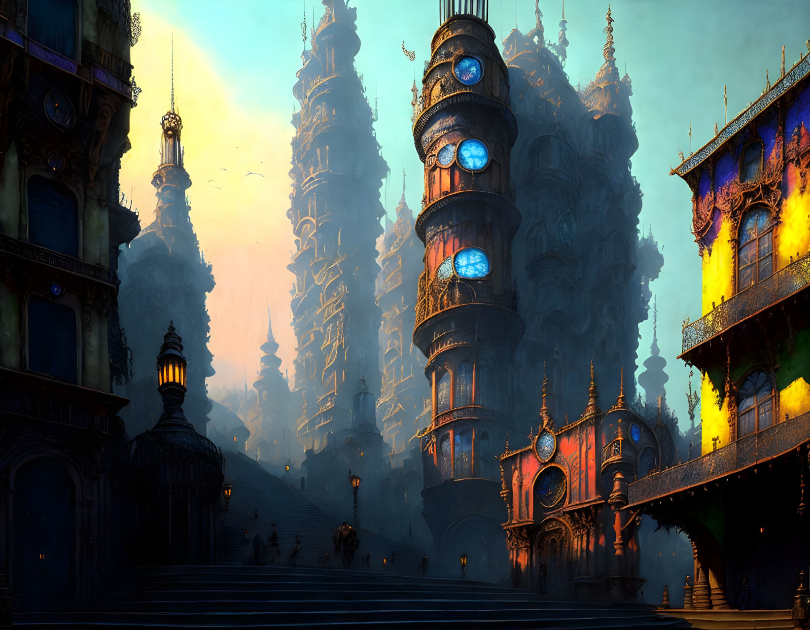 Ornate, glowing cityscape at dusk with magical ambiance