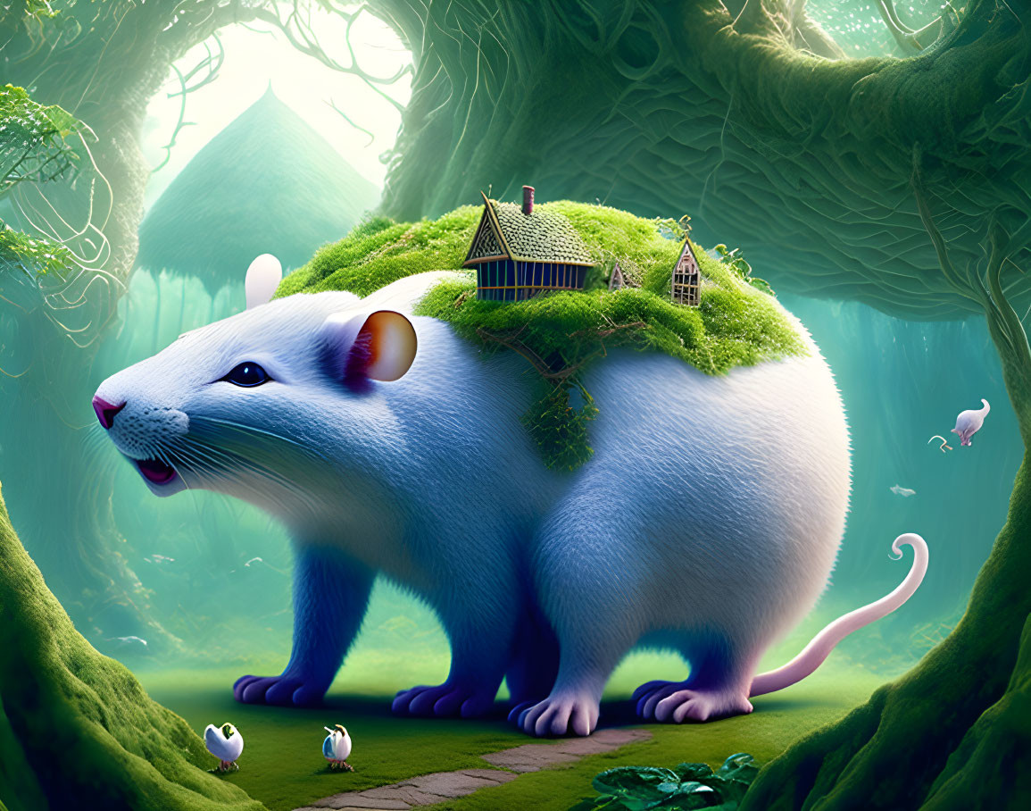 Whimsical illustration: Giant white mouse with tiny cottage in enchanted forest