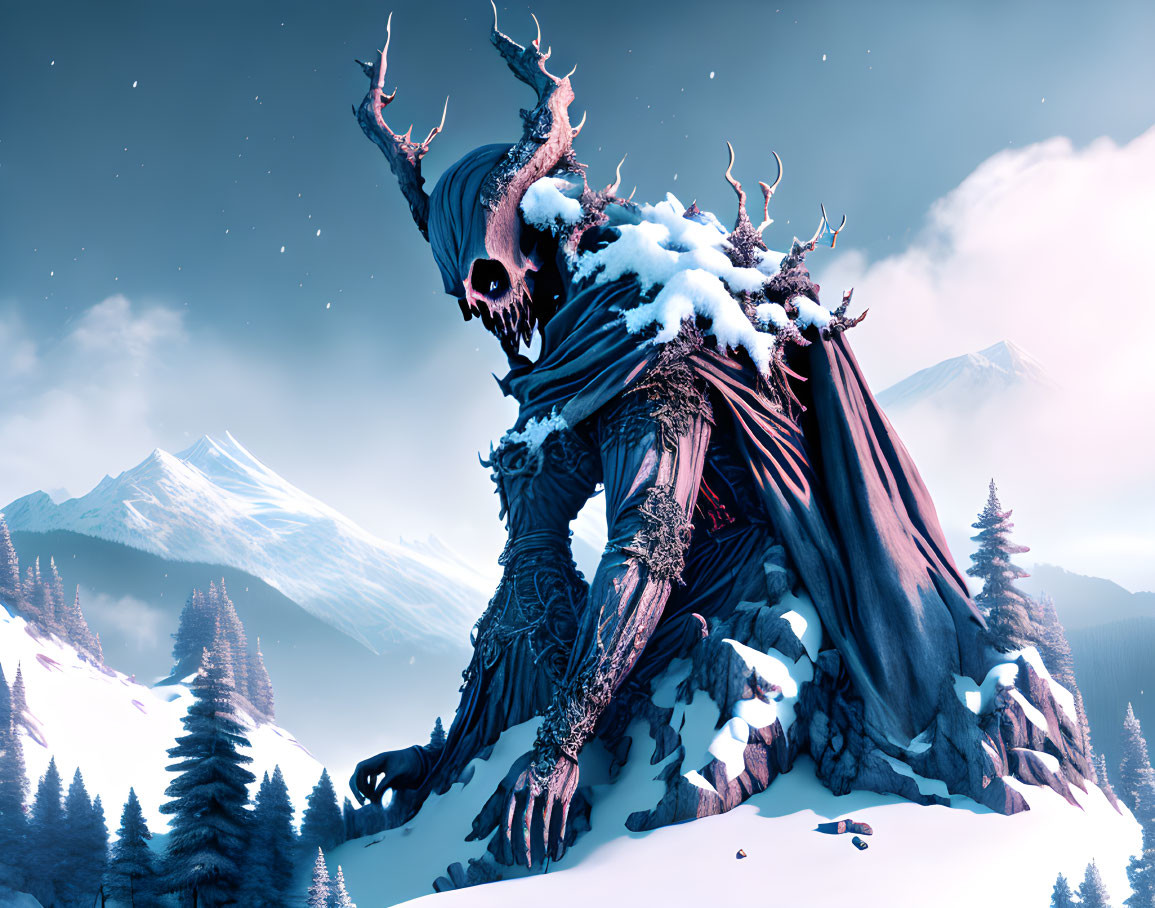 Fantasy creature with skull head and antlers in snowy mountain landscape