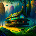 Enchanting night forest with illuminated cottage and fox