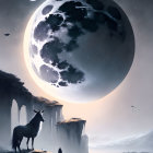 Surreal landscape with horse, person, and gigantic moon on cliff