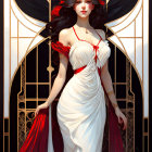 Detailed illustration of woman with dark hair, white dress, red flowers, and gold jewelry.