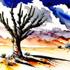 Digital painting of leafless tree in arid desert landscape