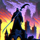 Cloaked figure with scythe in gothic cityscape under orange sky