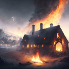 Thatched cottage engulfed in flames at night with burning homes and crescent moon