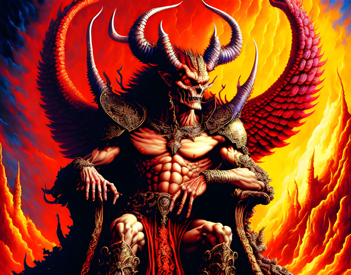 Horned demonic entity with wings and flames in a powerful pose