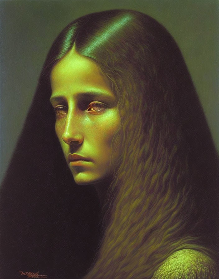 Surreal painting: Woman with flowing hair and illuminated face