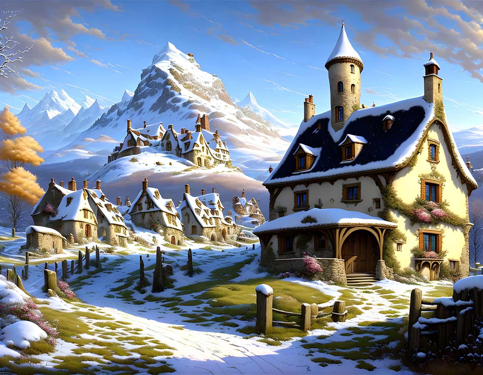 Snow-capped roofs in village with castle and mountains.