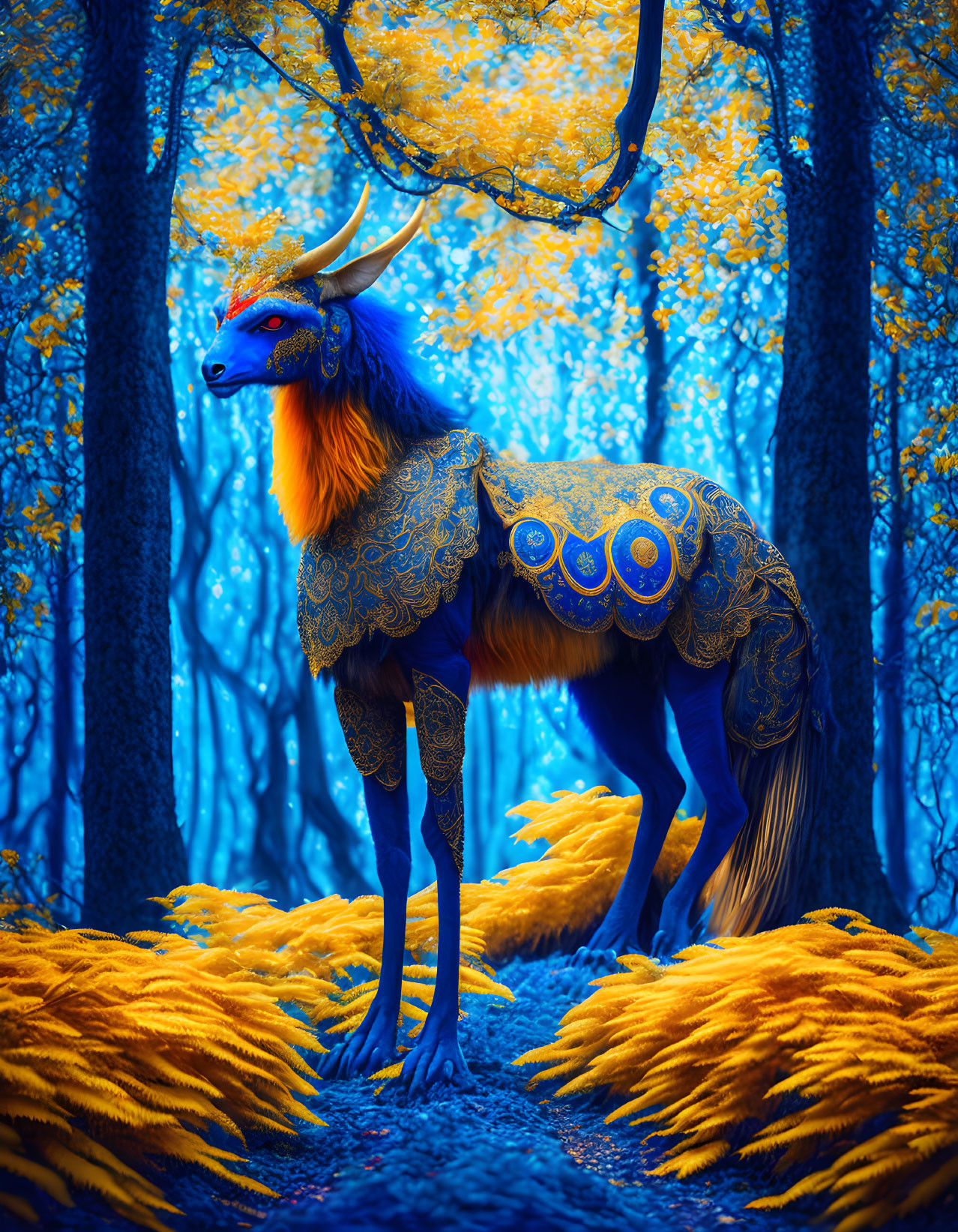 Blue and Gold Mythical Stag in Enchanting Azure Forest