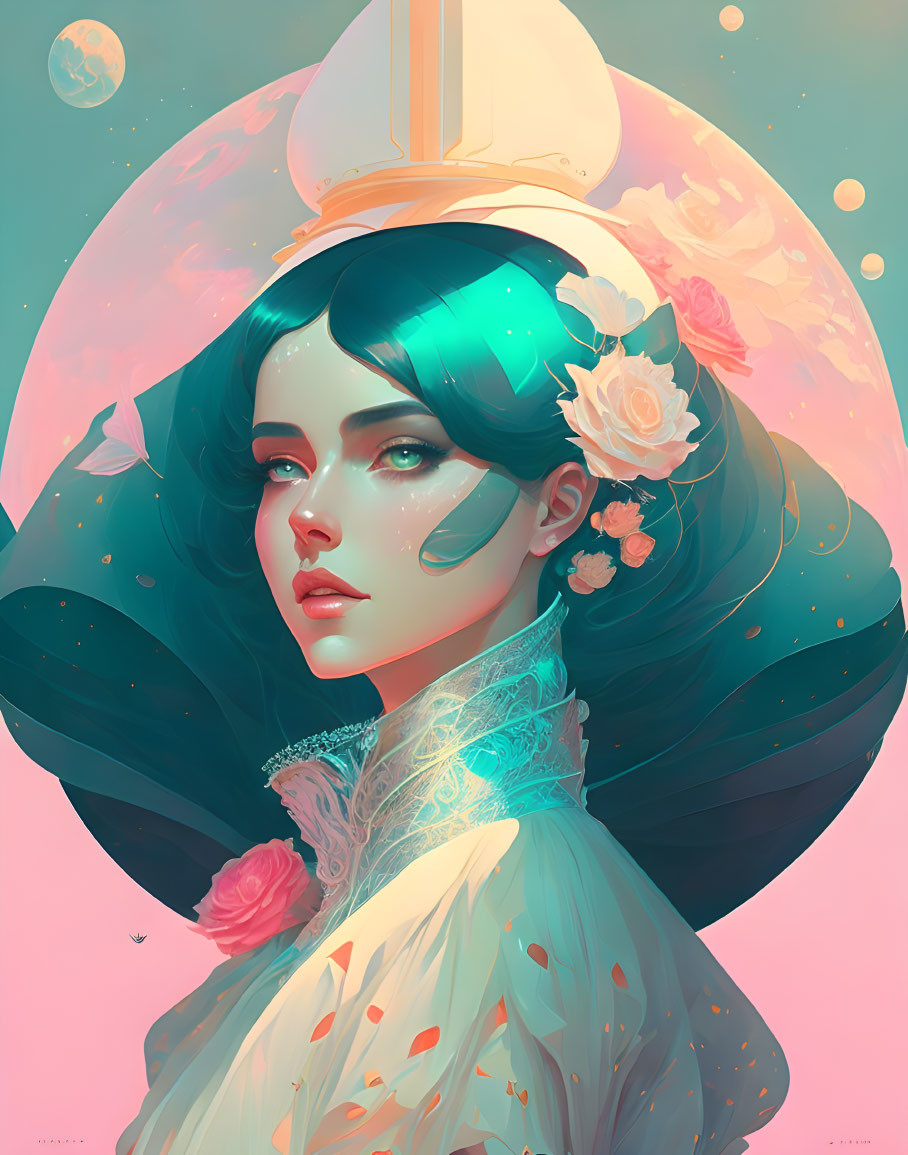 Whimsical illustration of woman with turquoise hair and moons in pastel tones