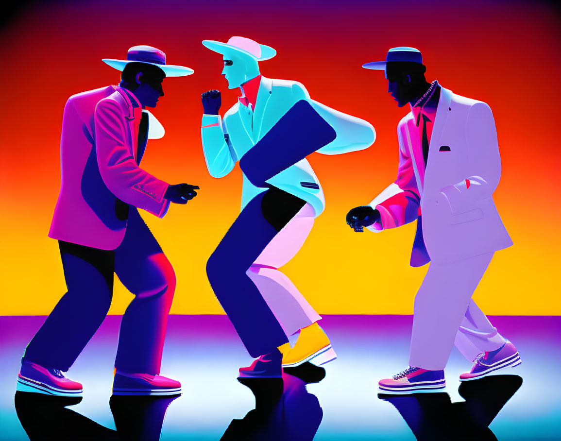 Stylized figures in neon suits and hats on vivid background