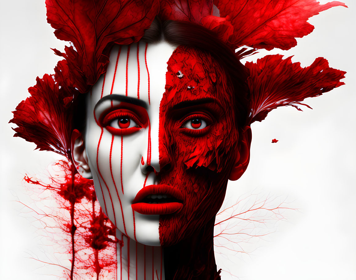 Abstract red and white digital portrait of a woman with bold eyes and feather-like details