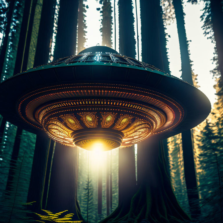 Intricate UFO with glowing lights in misty forest with bright beam among trees