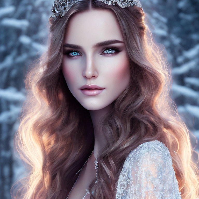 Blue-eyed woman with wavy hair and tiara on frosty blue backdrop