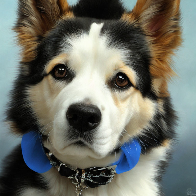 Symmetrical Black and White Dog Portrait with Blue Collar