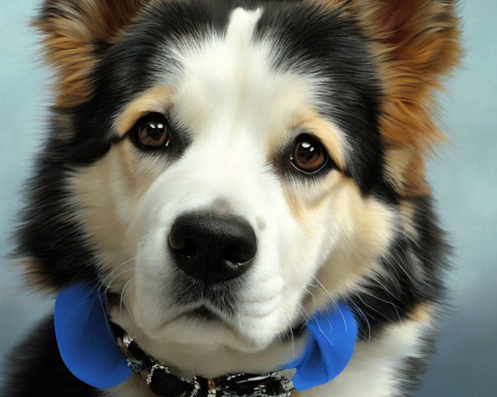 Symmetrical Black and White Dog Portrait with Blue Collar