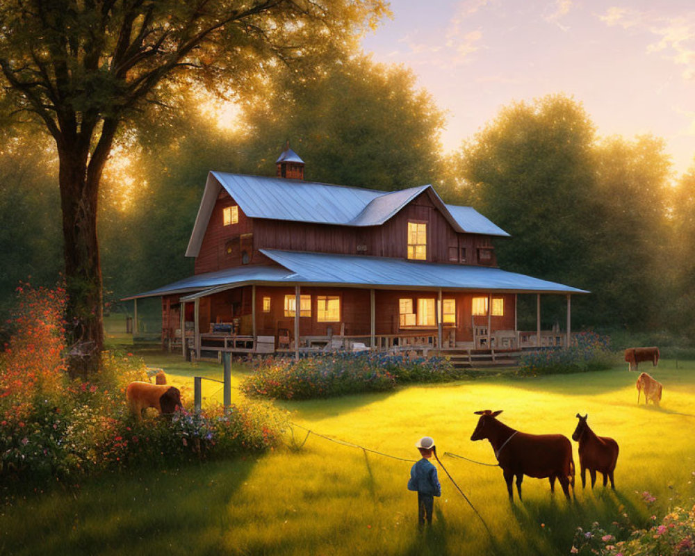 Rustic two-story house with porch, horses, child, and dog at sunrise