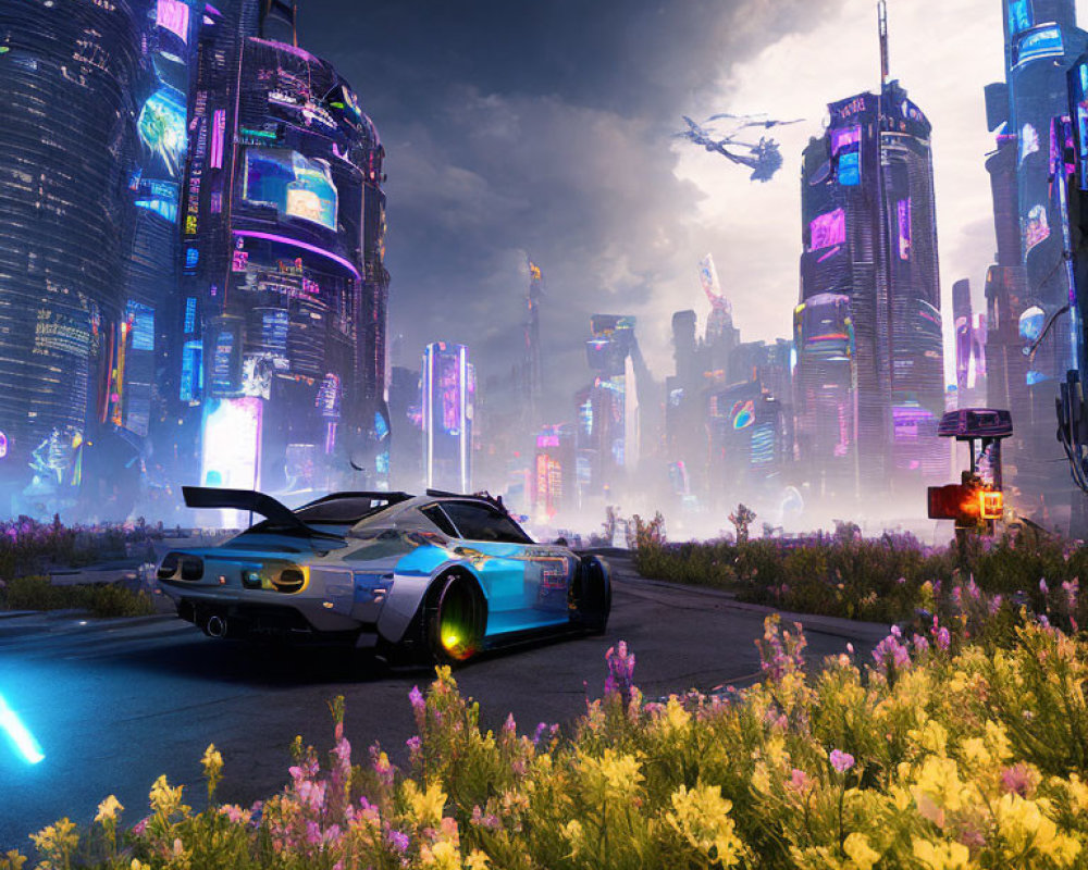 Futuristic cityscape at dusk with neon signs, sports car, and flying vehicles