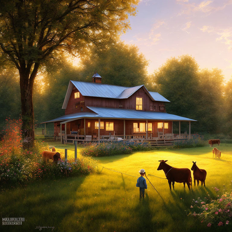 Rustic two-story house with porch, horses, child, and dog at sunrise