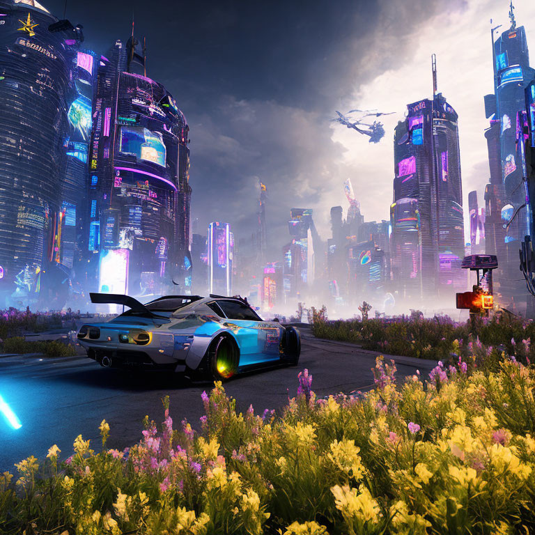 Futuristic cityscape at dusk with neon signs, sports car, and flying vehicles