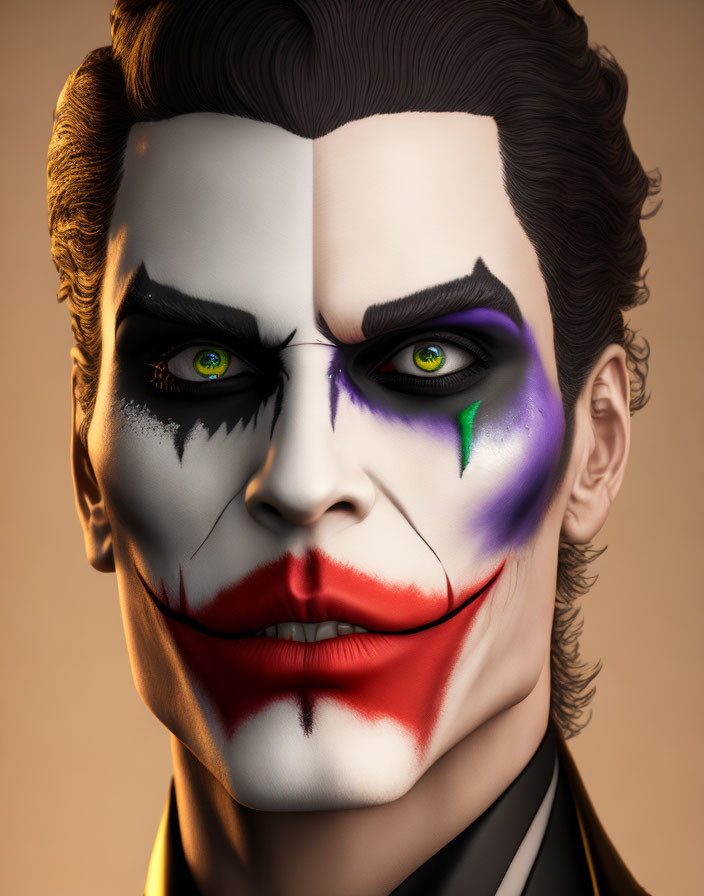 Half-face Joker digital artwork with green hair and clown makeup