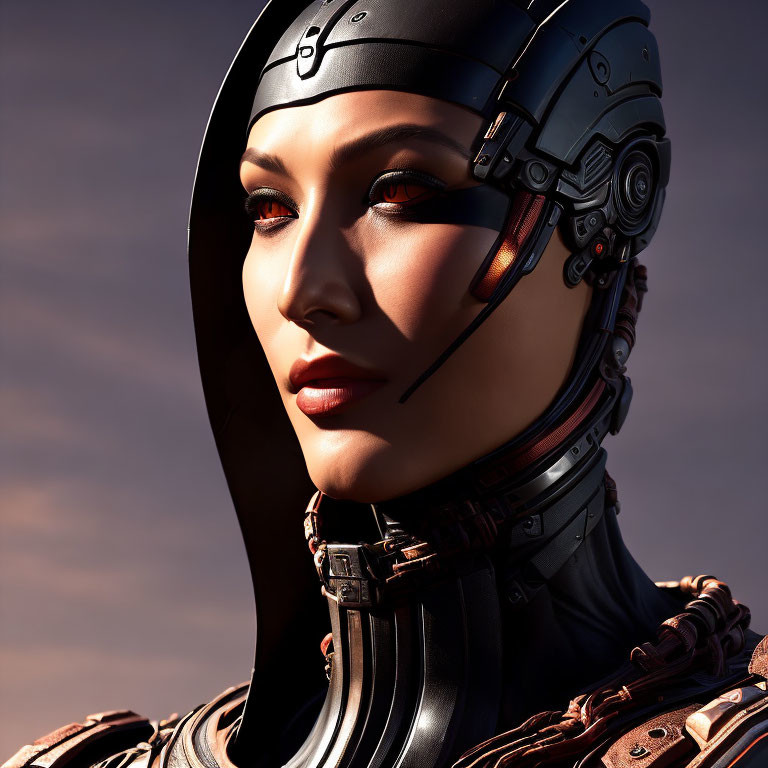 Female-Looking Robot in Futuristic Armor Against Dusky Sky