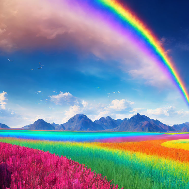 Colorful Rainbow Over Flower Field and Mountains Under Blue Sky