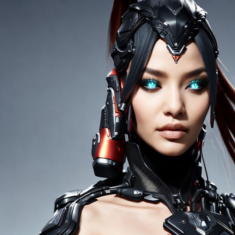 Cybernetic Woman Artwork with Glowing Blue Eyes and Armor